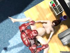 Рыжая женщина с большой грудью выебана большим железным хуем