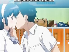 Сисястая хентай студентка ебётся с парнем в раздевалке в позе 69