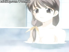 Аниме девочка лёжа на кровати мастурбирует через розовые трусики