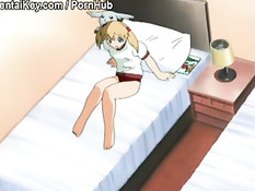 Аниме девочка лёжа на кровати мастурбирует через розовые трусики