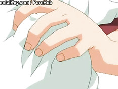 Аниме девочка лёжа на кровати мастурбирует через розовые трусики