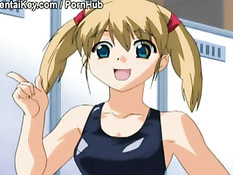 Аниме девочка лёжа на кровати мастурбирует через розовые трусики