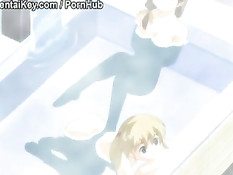 Аниме девочка лёжа на кровати мастурбирует через розовые трусики