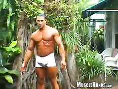 Голубой бодибилдер принимает душ и мастурбирует член в бассейне