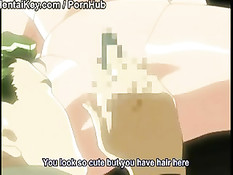 Подвешенной к потолку хентай малышке руками стимулируют клитор