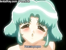 Подвешенной к потолку хентай малышке руками стимулируют клитор