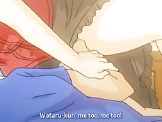 Светловолосая хентай девчонка подрочила мальчику член сиськами