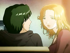 Грудастая хентай девчонка в короткой юбочке подрочила парню хуй