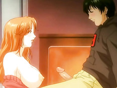 Грудастая хентай девчонка в короткой юбочке подрочила парню хуй