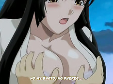 Аниме девка с синими волосами сделала минет и подрочила грудью