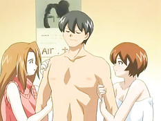 Две пышногрудые хентай девки занимаются сексом с одним парнем