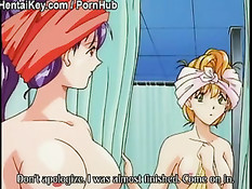 Две хентай лесбиянки в душе трутся своими возбуждёнными сосками