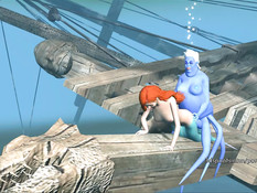 3D русалочка с рыжими волосами на дне трахается с морским чудом