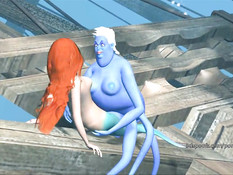 3D русалочка с рыжими волосами на дне трахается с морским чудом