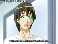 Хентай малышка обнажила большую грудь и подрочила парню член