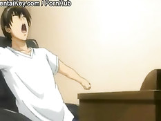 Хентай малышка обнажила большую грудь и подрочила парню член