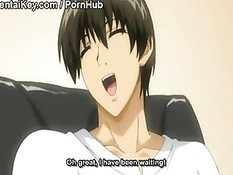 Хентай малышка обнажила большую грудь и подрочила парню член