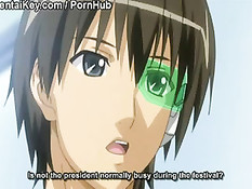 Хентай малышка обнажила большую грудь и подрочила парню член