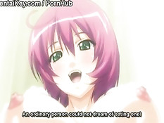 Хентай малышка обнажила большую грудь и подрочила парню член