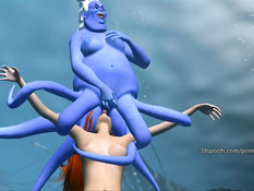 Рыжая русалочка под водой трахается с похотливой самкой осминога