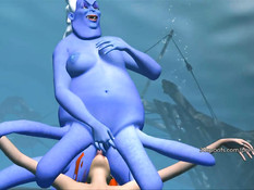 Рыжая русалочка под водой трахается с похотливой самкой осминога