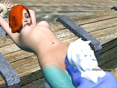 Рыжая русалочка под водой трахается с похотливой самкой осминога