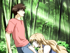 Хентай блондинка в лесу сделала парню минет и подрочила грудью