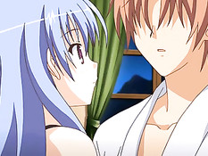 Грудастая хентай девушка с голубыми волосами подрочила пареньку