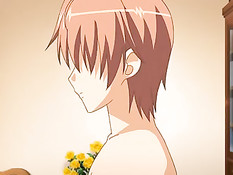 Грудастая хентай девушка с голубыми волосами подрочила пареньку