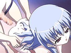 Грудастая хентай девушка с голубыми волосами подрочила пареньку