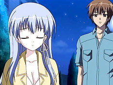 Грудастая хентай девушка с голубыми волосами подрочила пареньку