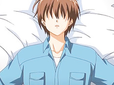 Грудастая хентай девушка с голубыми волосами подрочила пареньку