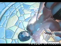 3D дама в латексном белье и маске трахает страпоном свою подругу