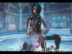 3D дама в латексном белье и маске трахает страпоном свою подругу