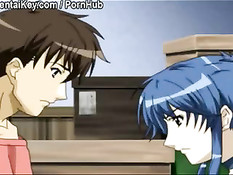 Хентай девка с голубыми волосами сделала минет и залезла на член