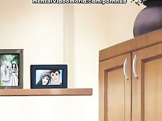 Мужчина трахает на кухне грудастую хентай домохозяйку в фартуке