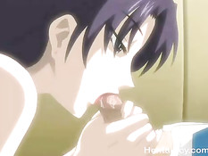 Хентай женщина возбуждает себя вибратором и дрочит парню грудью