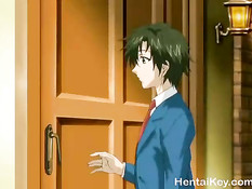 Хентай женщина возбуждает себя вибратором и дрочит парню грудью