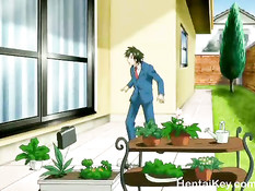 Хентай женщина возбуждает себя вибратором и дрочит парню грудью