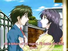 Хентай женщина возбуждает себя вибратором и дрочит парню грудью