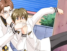 Две грудастые хентай девчонки по очереди прыгают на члене парня