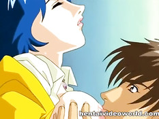 Парень трахает на кровати раком хентай девку с голубыми волосами