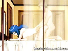 Парень трахает на кровати раком хентай девку с голубыми волосами