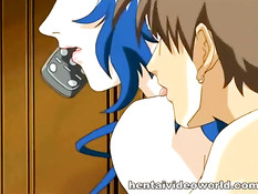 Парень трахает на кровати раком хентай девку с голубыми волосами