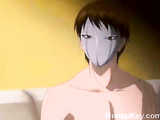 Два парня оттрахали на кровати хентай женщину с большой грудью