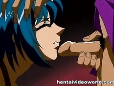 Связанным хентай девкам вставляют вибратор в пизду и хуй в анус