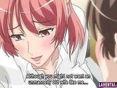 Рыжая хентай женщина с огромными сиськами соблазняет паренька