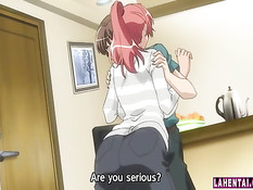 Рыжая хентай женщина с огромными сиськами соблазняет паренька