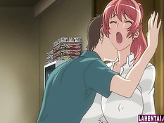 Рыжая хентай женщина с огромными сиськами соблазняет паренька