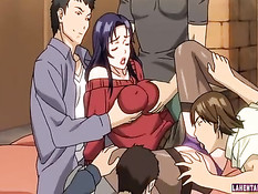 Ребята трахают во все дырки хентай малышку и дают отсосать члены